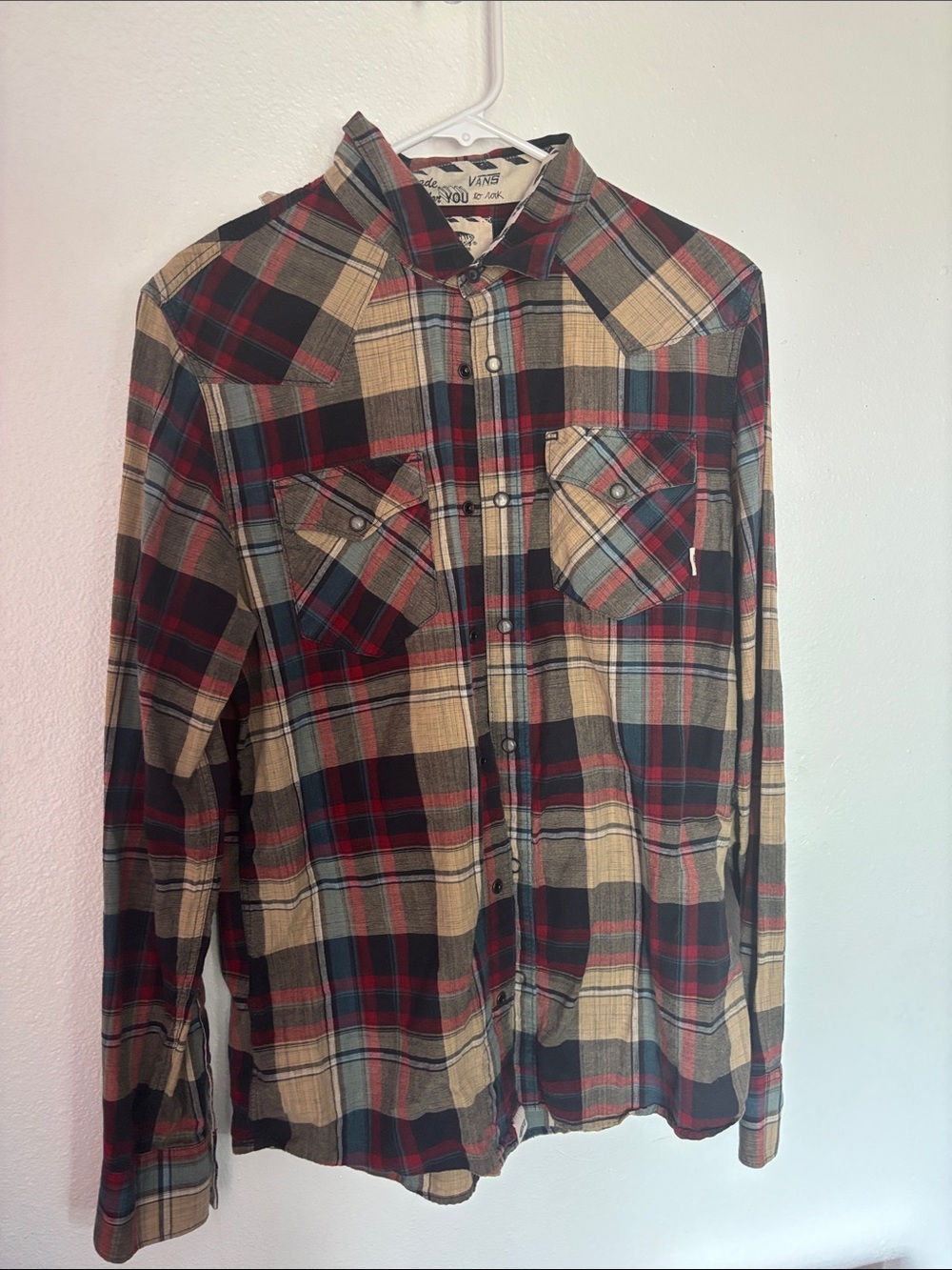 Vans Men’s Red, Black & Beige Plaid Button-Down Shirt
